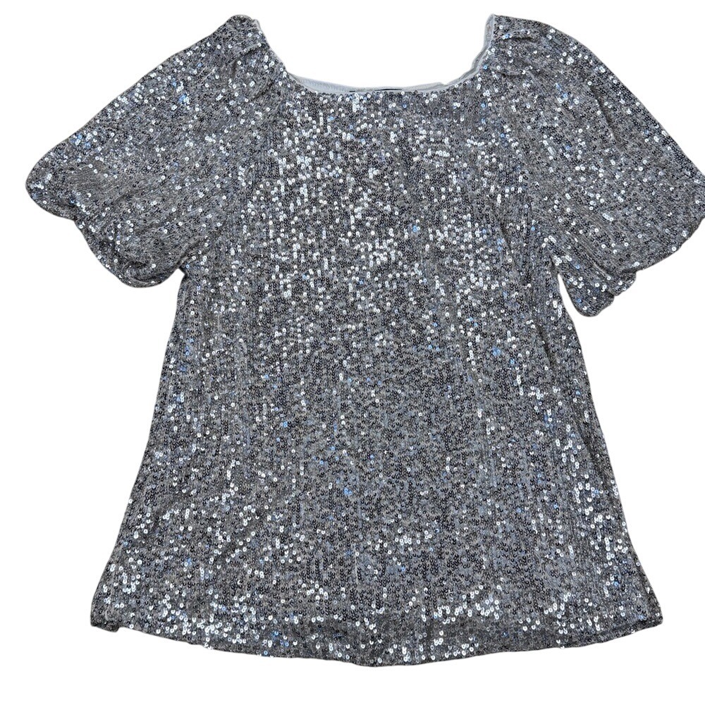 NWT Cable & Gauge Silver Sequin‎ Top Small Puff Sleeve Party Holiday Blouse